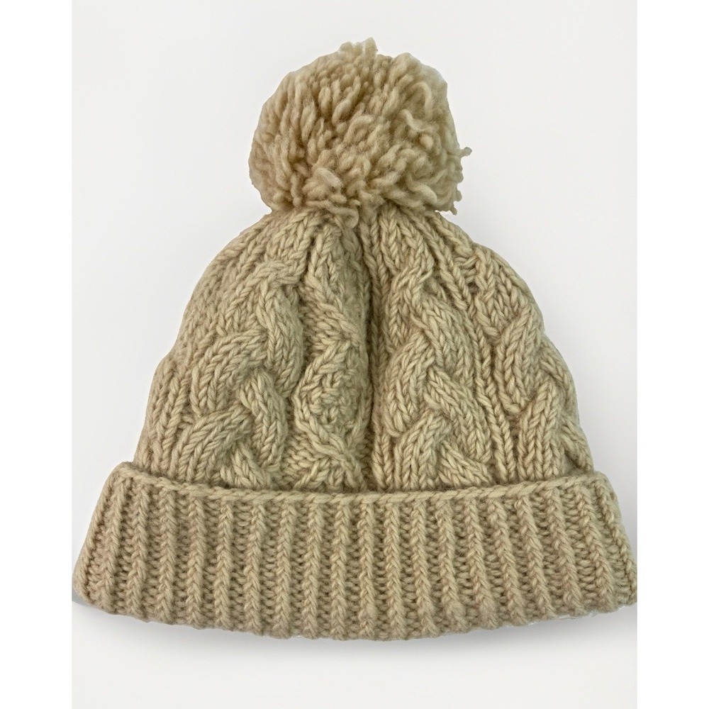 Aran Sweater Market Creamy Beige Wool Cable Knit Lined Pom Beanie Hat